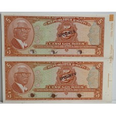 HAITI 1919 . FIVE 5 GOURDE BANKNOTES . SPECIMEN